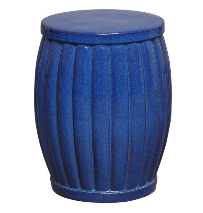 Fluted ceramic garden stool with blue glaze and unique texture, available in white or blue.