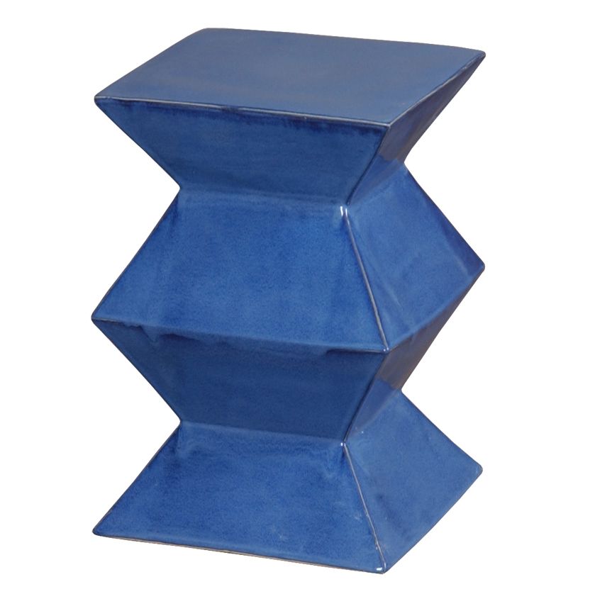 Blue ceramic zig zag garden stool with unique texture and glaze pitting.
