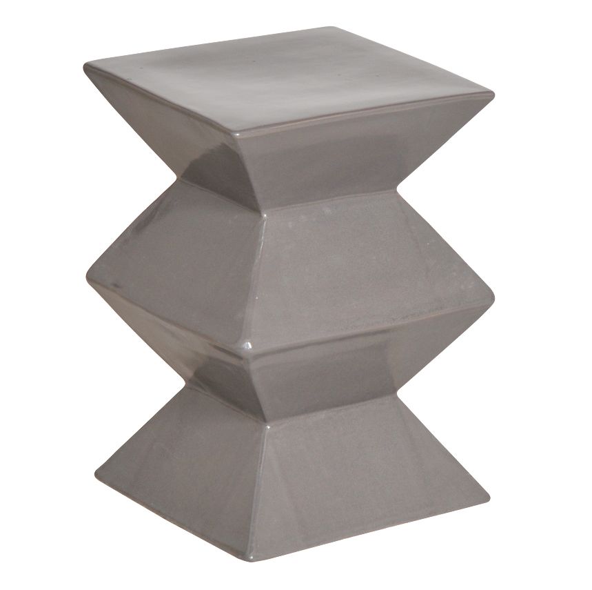 A grey ceramic zig zag garden stool with a unique texture and glaze pitting, showcasing its handmade artisan appeal.