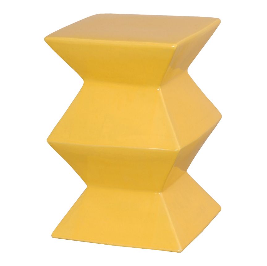 Yellow ceramic zig zag garden stool with a unique texture and glaze pitting.