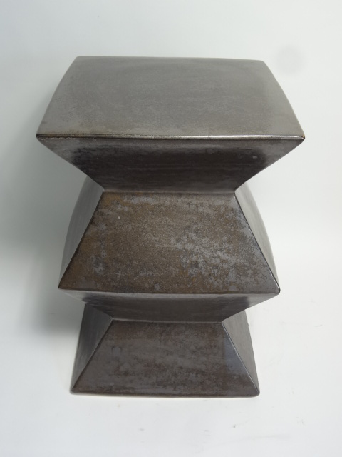 Ceramic zig zag garden stool handmade with unique texture and glaze variations available in gunmetal blue white green light grey and yellow
