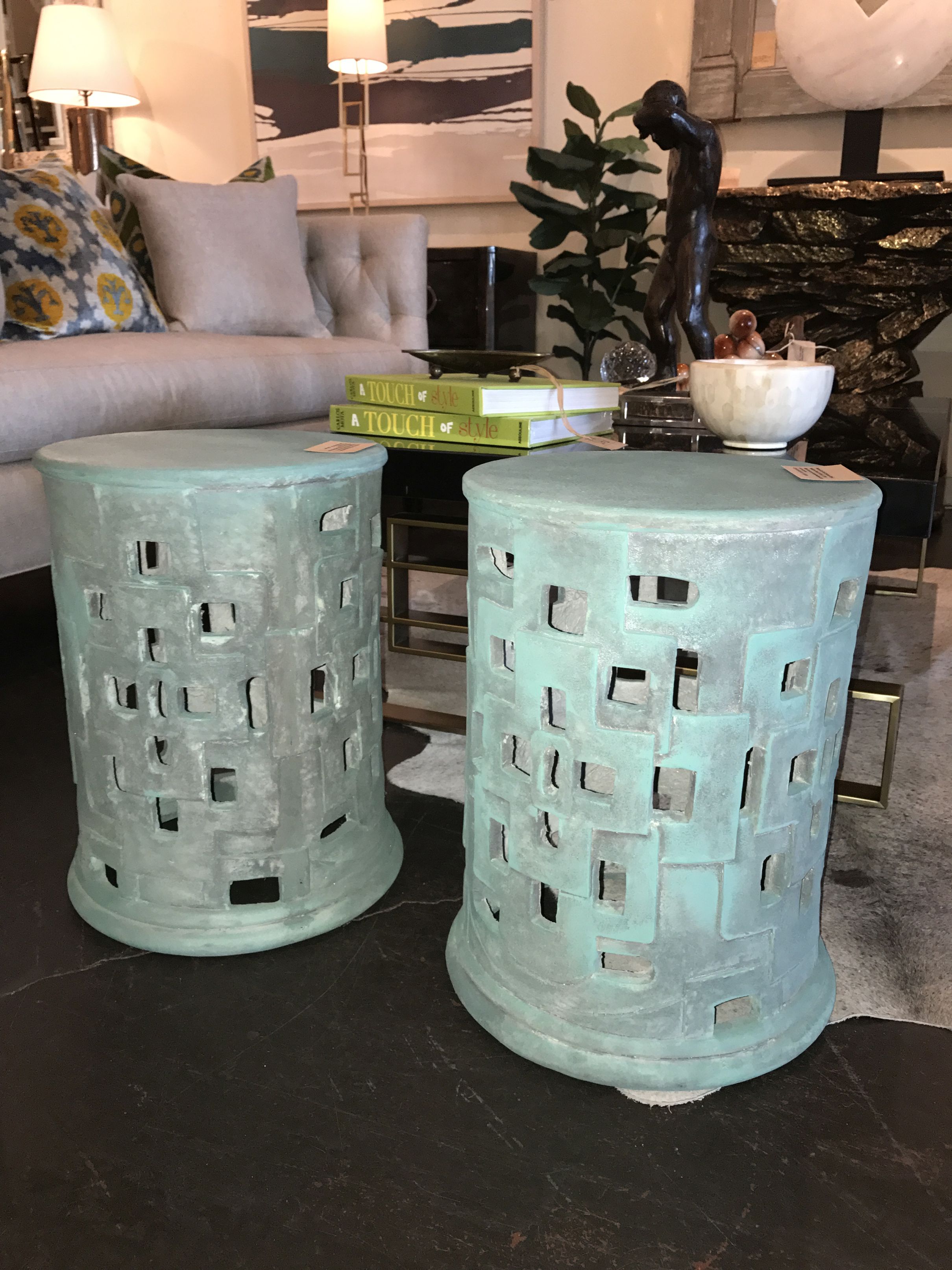 Two outdoor cut out concrete stools handcrafted with variation in size between pieces minor cracks and imperfections to be expected available in