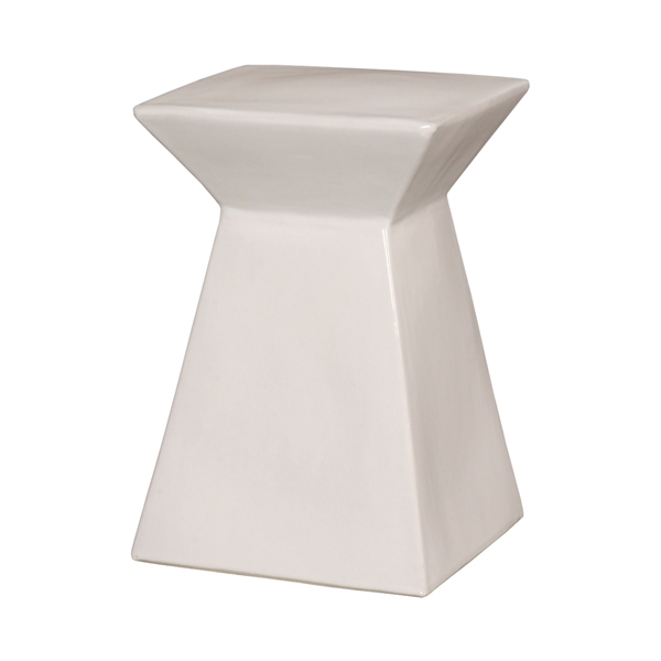 A white abstract ceramic garden stool with a unique texture and glaze pitting, showcasing its hand fired and hand glazed finish.