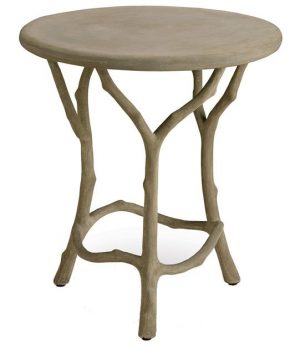 A decorative round side table with a natural, weathered concrete finish and intricate wood-like patterns, suitable for outdoor use.