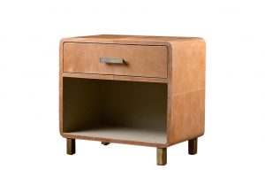 Large leather nightstand with curved edges and a single drawer, featuring an open bottom and linen interior, set against a plain background.
