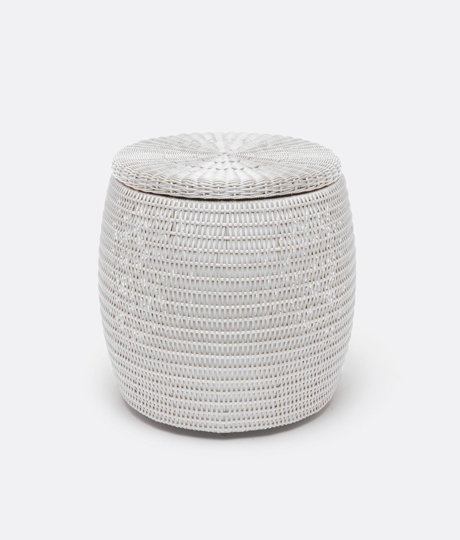 A woven outdoor side table with a removable lid and interior storage, presented in a close-up shot against a white background.
