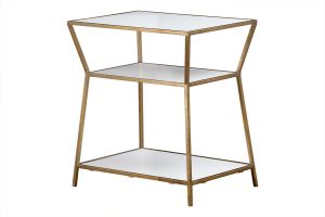Large, modern side table with a geometric design and two shelves, featuring an antiqued gold finish on a black resin frame.