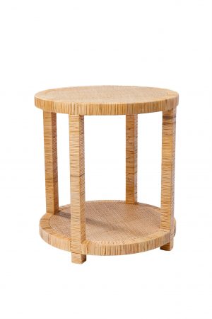 A wicker and raffia side table with a lower shelf, set against a white background.